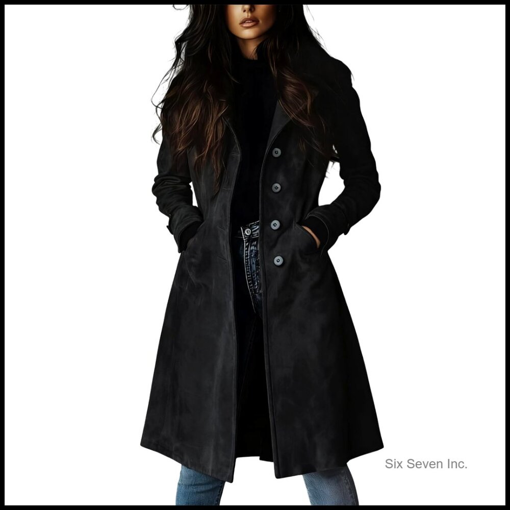 Faux Suede Leather Trench Coat Blazer Jacket With Pockets